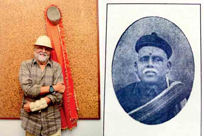 Filmmaker Vikas Desai at his Rajkamal Studio office stands below the hanging cap of his great-grandfather, Anant Shivaji Desai Topiwala (portrait, right), pre-Independence Bombay’s leading hat maker and pioneer industrialist-philanthropist. PIC/BIPIN KOKATE