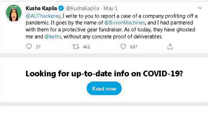 Kapila’s tweet tagging Aaditya Thackeray where she called out Boson