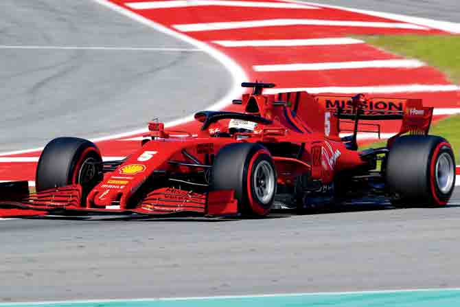 Vettel driving his Ferrari at Barcelona, Spain in February