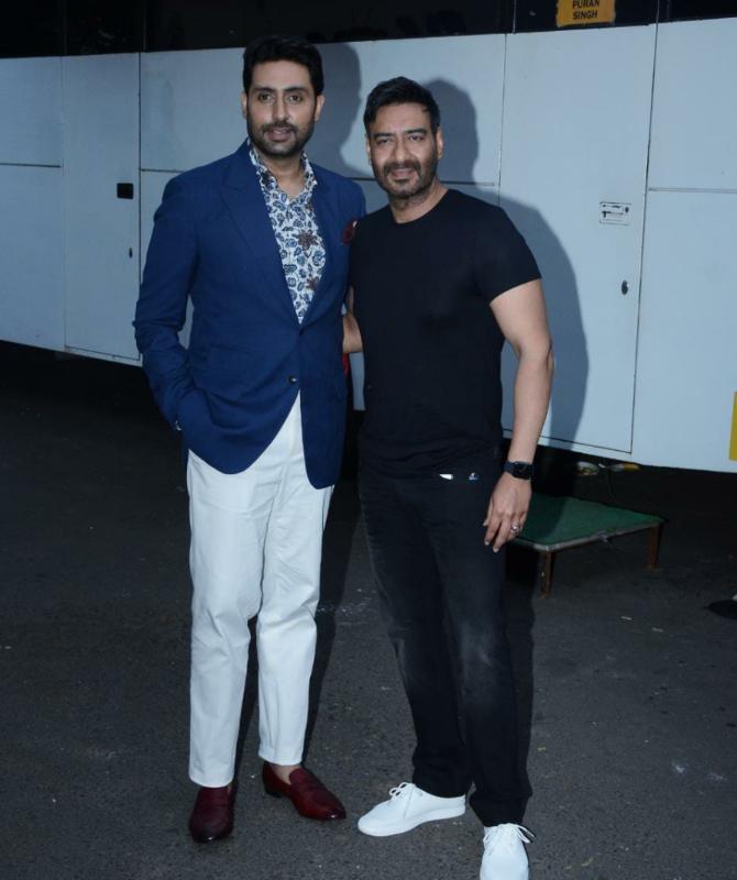 Abhishek Bachchan and Nikita Dutta were clicked in the suburbs promoting their upcoming film, Big Bull. The film is been produced by Ajay Devgn. The producer also graced the promotions. (All pictures: Yogen Shah).