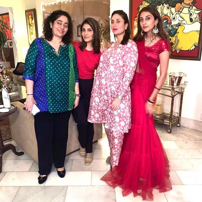 Kareena Kapoor Khan celebrated the festival of Karva Chauth through a get-together with the Kapoor-Jain family. The second time mom-to-be chose a pink and white kurta with matching churidar for the occasion.