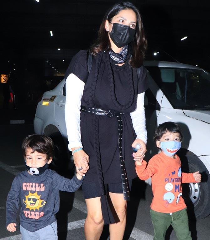 Sunny Leone along with her family was also spotted at the Mumbai airport. Sunny wore a black belted dress as she arrived holding hands of her twins Asher and Noah Singh Weber.