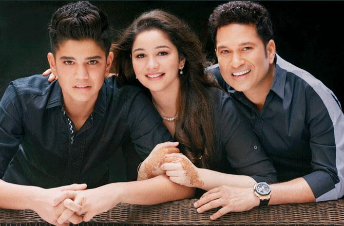 Sachin Tendulkar with son Arjun and daughter Sara