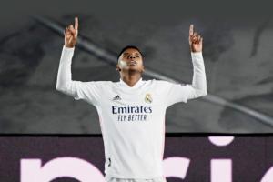Real Madrid's Rodrygo celebrates his winner against Inter during their UEFA Champions League match on Tuesday.  pic/AFP