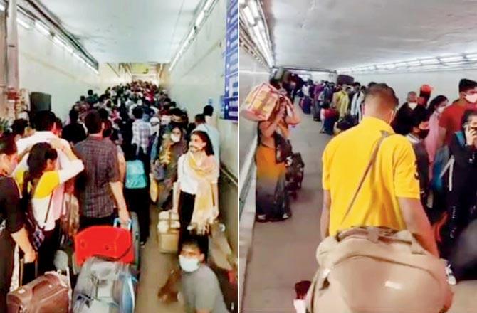 Scores of passengers were stuck together at Bandra Terminus as two trains arrived together on Wednesday