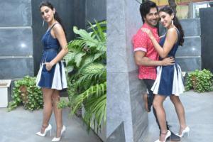 Sara Ali Khan stuns in her short denim dress with Varun Dhawan for Coolie No.1 promotions in Juhu