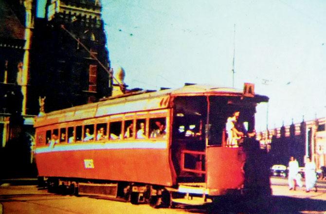 A single-compartment electric tram outside Victoria Terminus and the BMC Building tram station. Pic/Best Archives