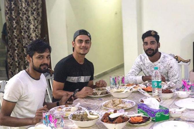 Mohammed Siraj made his T20I debut in March 2018 and played 5 matches since, taking 5 wickets.
In picture: Mohammed Siraj with Shahbaz Nadeem and Ishan Kishan at his home for dinner