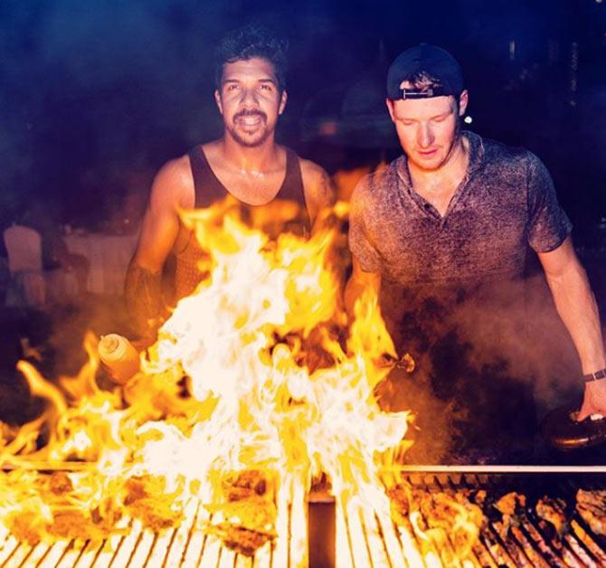 In picture: Varun Aaron enjoying some barbecue with his Rajasthan Royals teammate David Miller during the IPL 2020 in UAE.