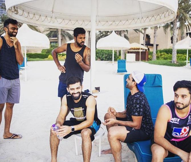 In picture: Varun Aaron chilling with his Rajasthan Royals teammates Robin Uthappa, Jaydev Unadkat, Manan Vohra and Mayank Markande during the IPL 2020 in UAE.