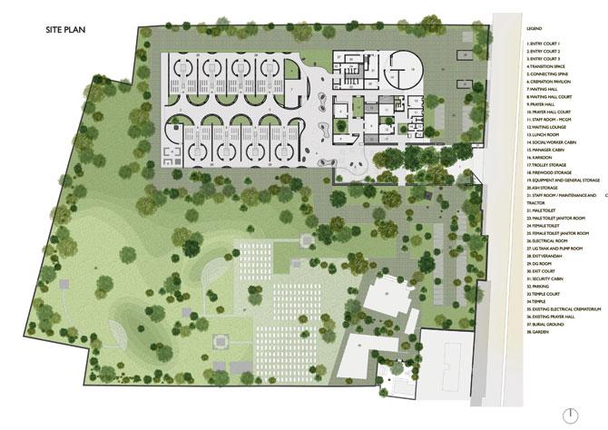 The present site plan includes three spacious entry courts, leading to a connecting spine that opens into the cremation pavilions, of which there are a total of eight. Apart from this, there’s a waiting hall, prayer hall, BMC staff room, lunch room, parking lot, a cabin for the manager and a social worker, as well as separate storage rooms for firewood, trolley and ash. The design also accommodates the existing temple at the site, and a massive two-acre landscape garden. Pic courtesy/RMA Architects