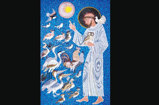Patron saint of animals, St Francis of Assisi, surrounded by his beloved birds. Mosaic by Aashika and Tanishaa Cunha. Collection of Madhavi Desai 