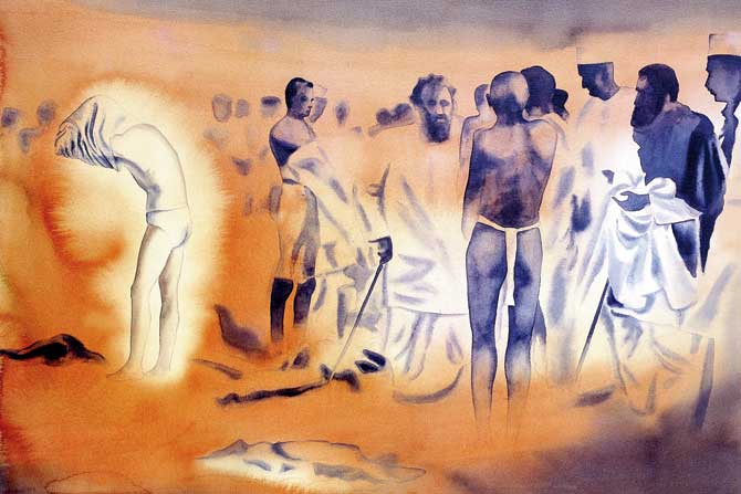 Atul Dodiya, Sea-Bath (Before breaking the Salt Law), 1998. Watercolour on paper. IMAGE COURTESY/Atul Dodiya