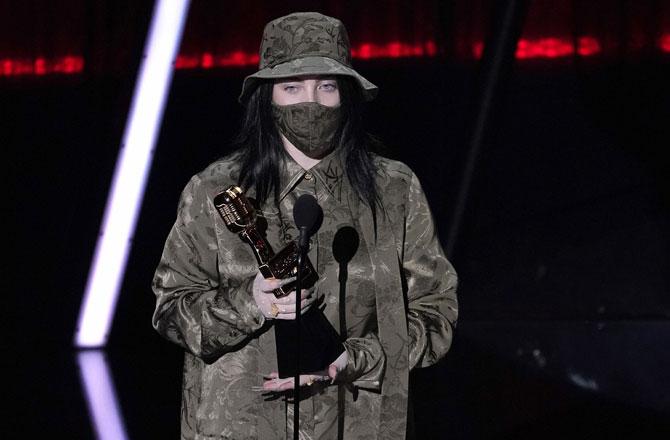 Billie Eilish accepts the award for top Billboard 200 album for "When We All Fall Asleep, Where Do We Go?" at the Billboard Music Awards at the Dolby Theatre in Los Angeles. Pic/AFP