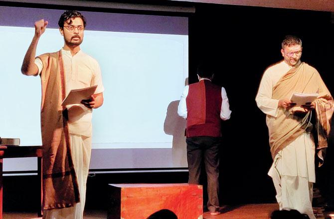 Actors Asmit Pathare, Santanu Ghatak and Shaun Williams in a pre-lockdown staging of the play The Bose Legacy