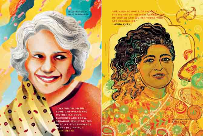 Each story in the book by Elena Favilli (right) is accompanied by full-colour  portraits illustrated by female artists from across the globe; (above, left to right) Mina Mehta illustrated by Meel Tamphanon and Asma Khan by Paola Rollo