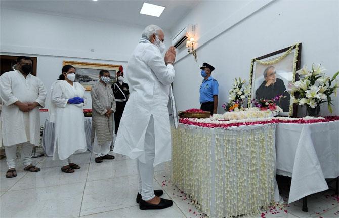 Armed with a face mask, Prime Minister Narendra visited Pranab Mukherjee's residence and paid his respects to the late leader. Taking to Twitter, PM Modi had said Pranab Mukherjee would be remembered by generations for his efforts towards India's progress. Pic/Twitter Narendra Modi