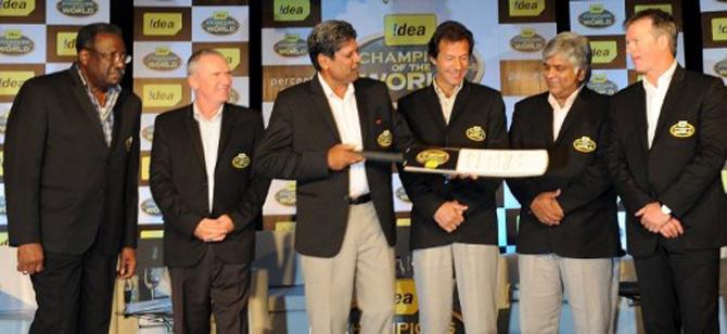 In picture: Previous cricket World Cup winning captains (L-R) Clive Lloyd, Allan Border, Kapil Dev, Imran Khan, Arjuna Ranatunga and Steve Waugh attend a promotional function of a telecom company in Mumbai on February 2, 2011. Six of the seven cricket World Cup winning captains including Clive Lloyd, Kapil Dev, Allan Border, Imran Khan, Arjuna Ranatunga and Steve Waugh gathered for the promotional event 'Let's keep Cricket Clean' and showed their support for the participating teams at the 2011 Cricket World Cup.