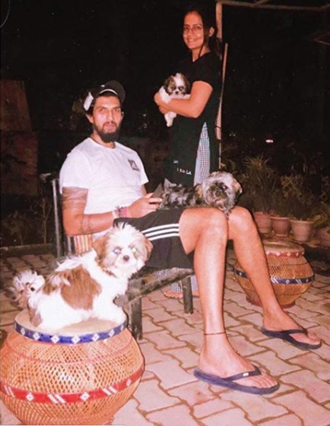In picture: Ishant Sharma and wife Pratima with their pet Shih Tzu dogs Toy, Coco and Joy.
