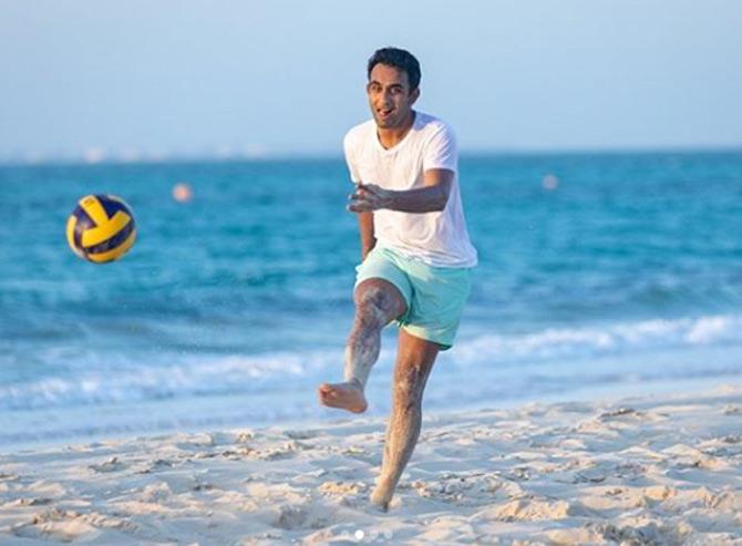 In picture: Mumbai Indians cricketer Jayant Yadav was seen keeping himself fit on a beach of Dubai by playing some football.