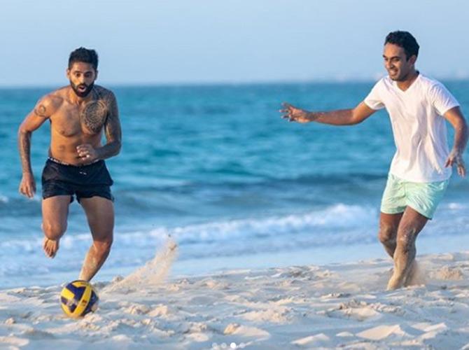 In picture: Suryakumar Yadav and Jayant Yadav keep showing off their soccer skills on the beaches of Dubai.