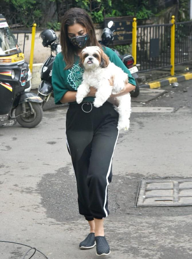 The actress looked chic in her green top and black leggings along with a black mask to prevent COVID-19 spread. To complete her look she opted for a pair of black sneakers. She let her long hairs, which she kept open do the rest of the talking. Sophie seems too mesmerized in taking care of her furry friend. Shedding out some pet goals?