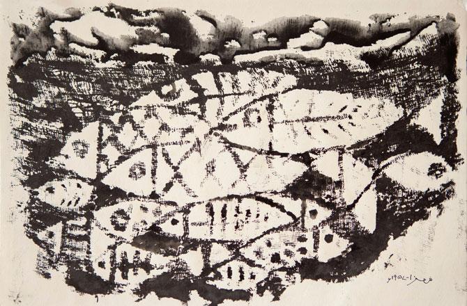 Anwar Jalal Shemza, Fish, 1957, Ink on muslin on paper. Pic courtesy/Jhaveri Contemporary