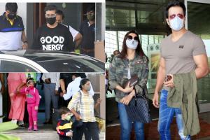 Karan Johar with family Sonu Sood with wife at Mumbai airport