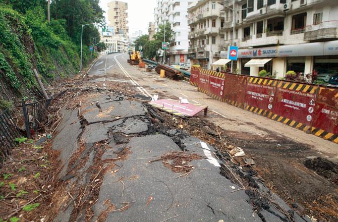 The damaged part of the road. Pics/Ashish Raje