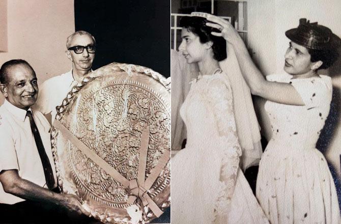 Leo Pinto, field hockey goalkeeper at the 1948 Olympics in London winning India the gold, presented a brass plaque by Homi Dastoor on his retirement from Tatas. The friends were joint honorary secretaries of Tata Sports Club; (right)  Lydia Rodrigues giving bride-to-be Yvonne Nazareth of Khotachiwadi a trial fitting before her 1959 wedding. Pic courtesy/AverilL-Ann Gonsalves