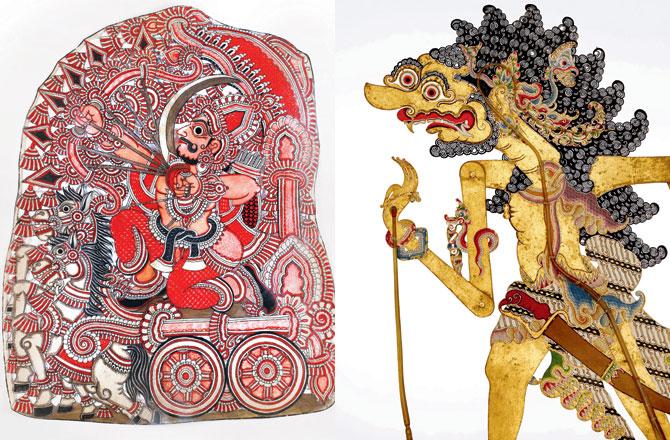 Karna from Tholu Bommalaata by Sindhe Chithambara Rao, 21st c; Rajamala, Java, 1850-1950. Pic/Sarmaya Arts Foundation; Museum Rietberg