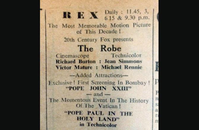 An advertisement dated November 27, 1964 announces Rex shows for The Robe, "The Most Memorable Motion Picture of This Decade". Pic courtesy/Deepak Rao