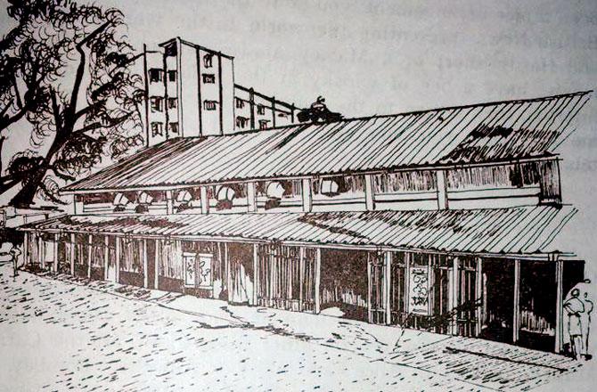 Garrison Cinema sketch by Dilshad Faroodi. Reproduced from Ah! Colaba (1989)