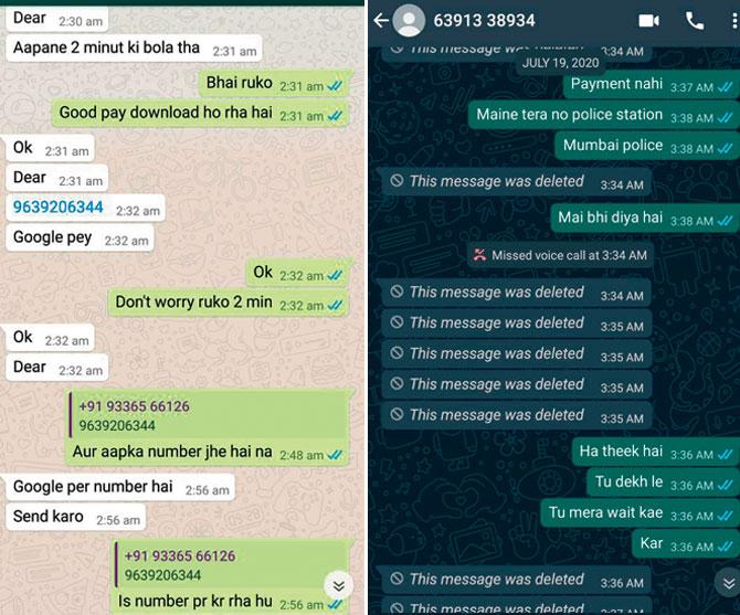 A WhatsApp chat shows a crook demanding money from a victim; (right) a WhatsApp chat shows how an extortion victim refused to give in to pressure and threatened the crook with police action
