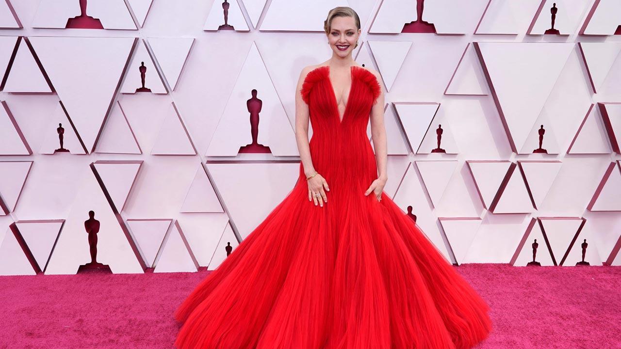 Oscars 2021 red carpet: Amanda Seyfried stuns in plunging red gown
