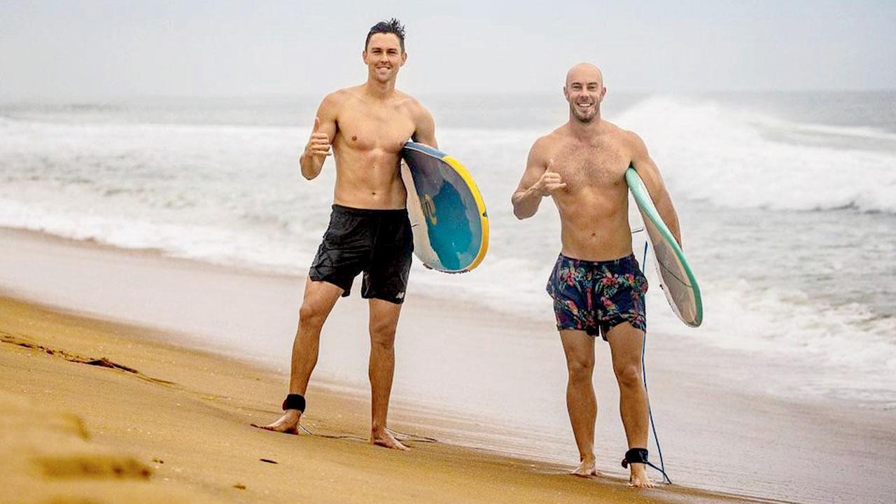 See photos: Trent Boult enjoys morning surf with MI teammate Chris Lynn at Kovalam beach