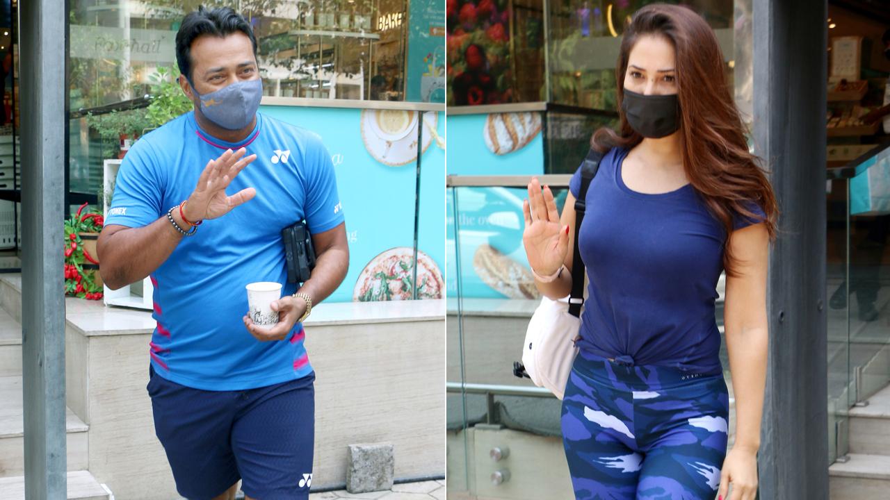 Tennis star Leander Paes and actress Kim Sharma were clicked outside an eatery in Bandra, Mumbai.