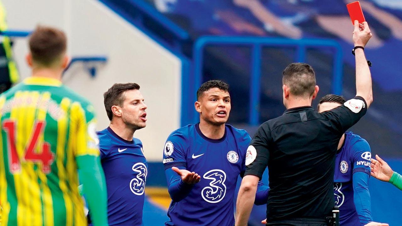 Chelsea’s Thiago Silva is shown the red card by the referee. Pic/AFP