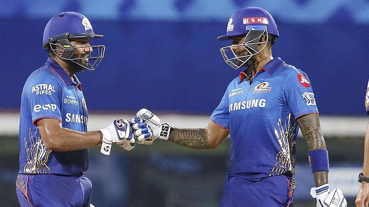 Rohit Sharma and Suryakumar Yadav of Mumbai Indians during the Indian Premier League match between Kolkata Knight Riders and Mumbai Indians, at M. A. Chidambaram Stadium, in Chennai. Pic/PTI