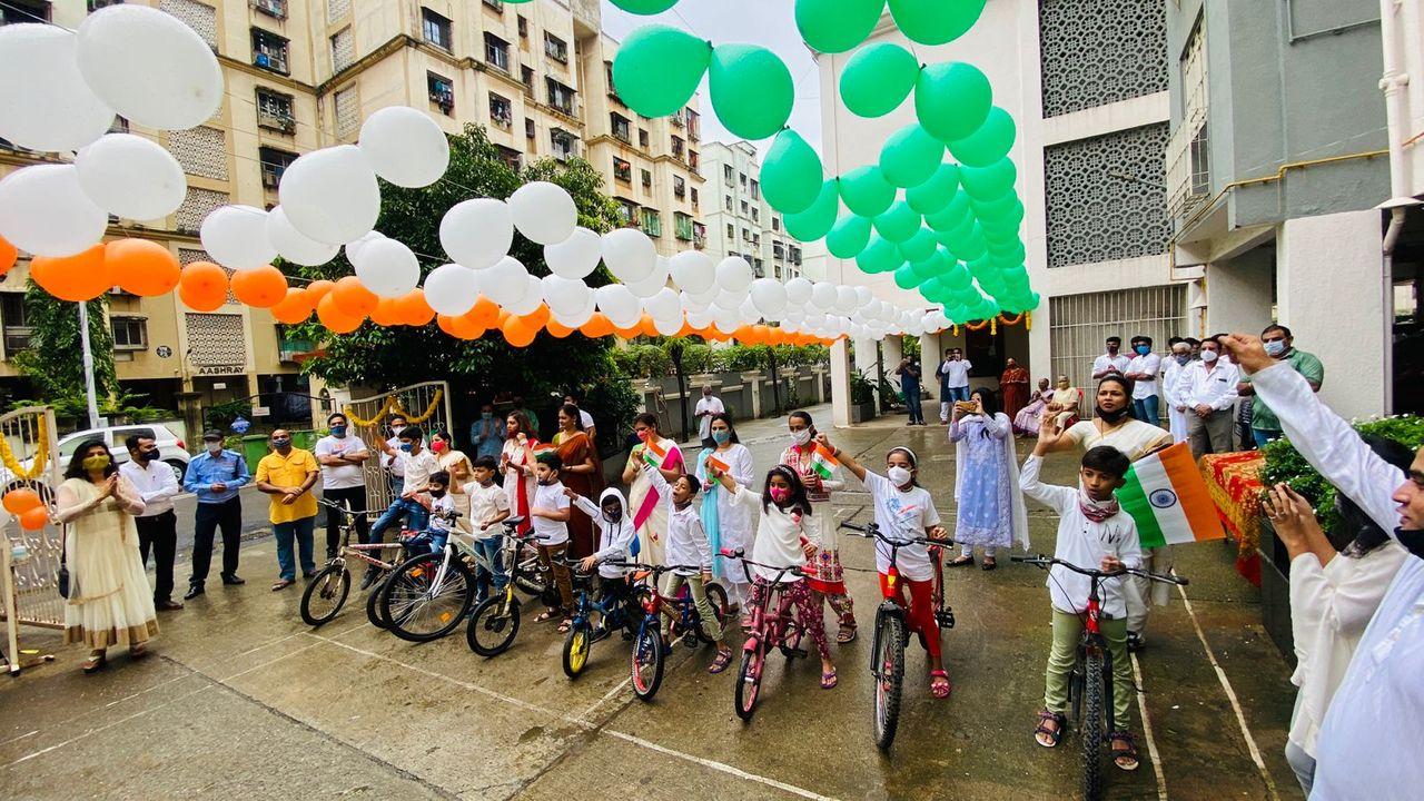 Kids with their bicycles were seen celebrating 75th Independence Day inside a society in Sion, Mumbai.