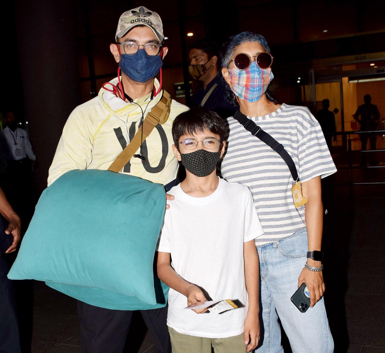 Aamir Khan with his wife Kiran Rao and son Azad Rao Khan were spotted at the Mumbai airport. Aamir is returning from Ladakh and J&K where he had gone to shoot for his next Laal Singh Chaddha.