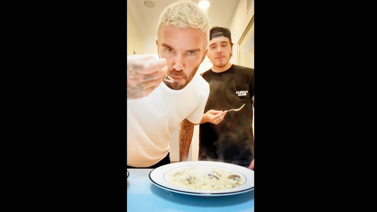Brooklyn Beckham cooks mushroom risotto with footballer dad David