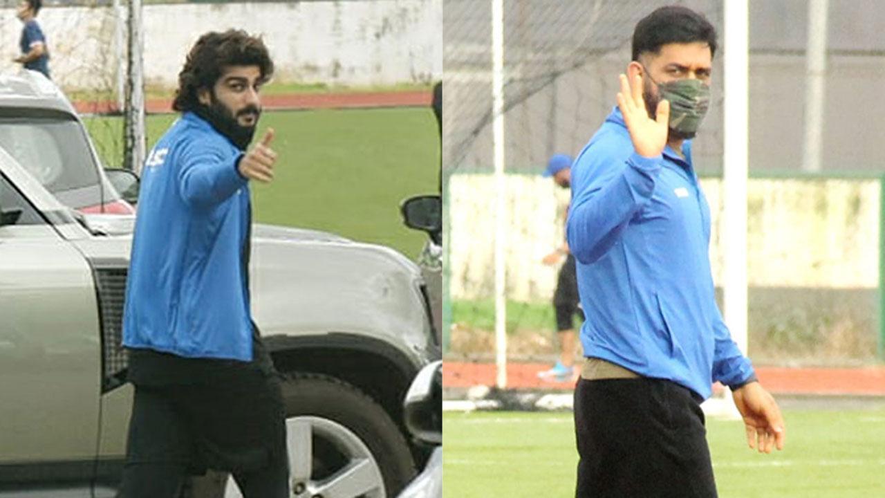 Arjun Kapoor, Mahendra Singh Dhoni, Dino Morea at Football practice in Bandra