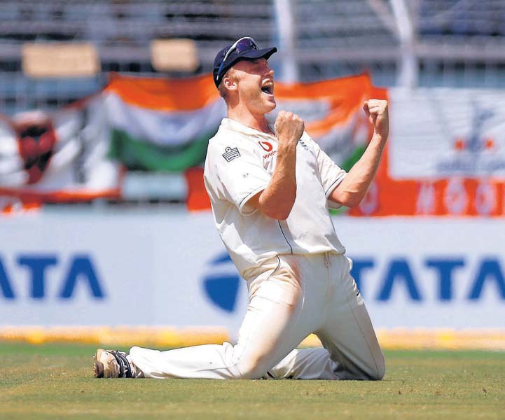 Andrew Flintoff is ecstatic after a wicket falls during a Test match between India and England
