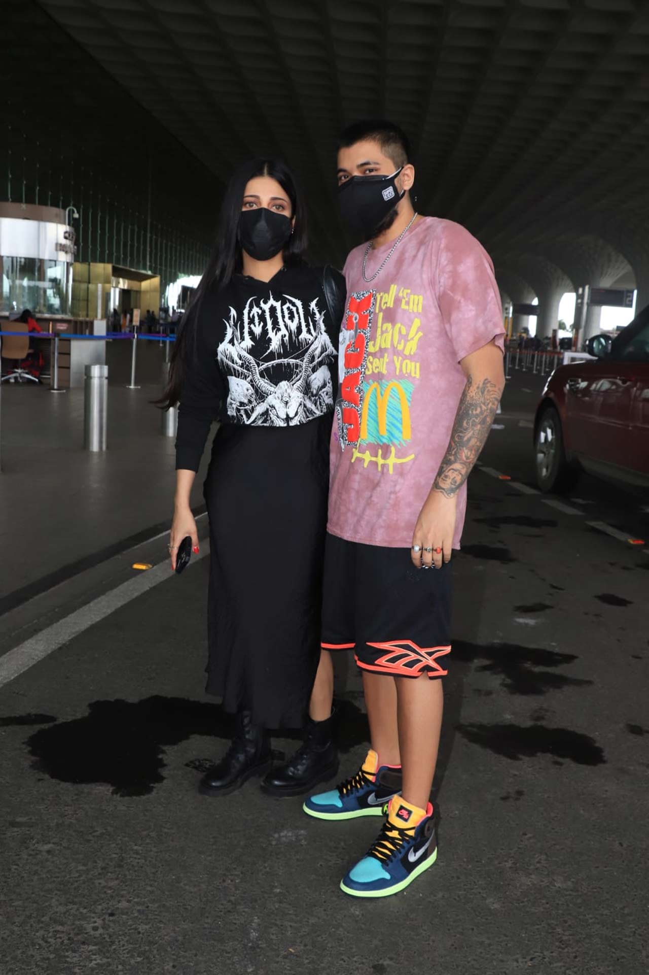 Shruti Haasan opted for a denim on denim outfit when snapped at the Mumbai airport.