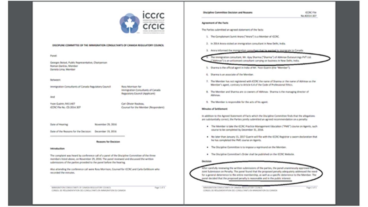 ICCRC department Canada Penalised unlicensed Consultants of India
