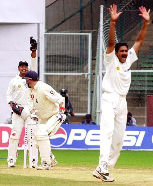 Anil Kumble appealing for a wicket during a Test match between India and England
