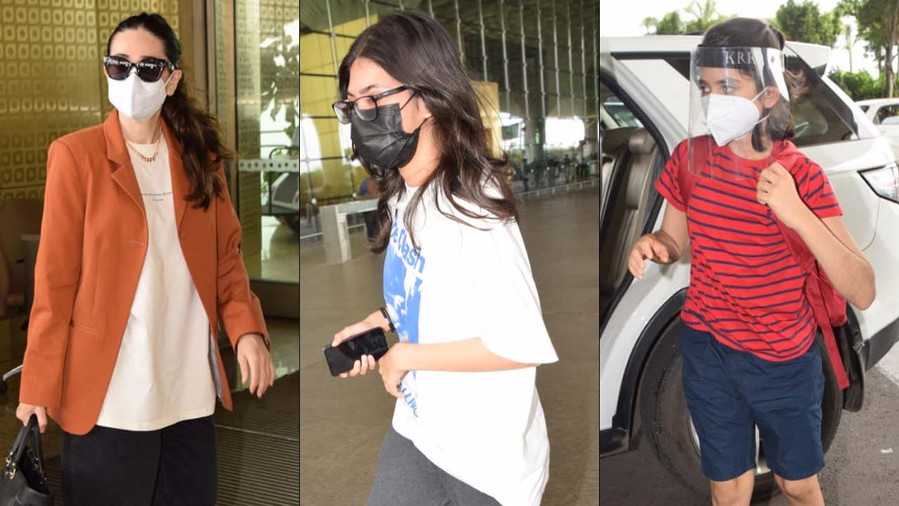 Karisma Kapoor was snapped with kids - Kiaan and Samaira, at the Mumbai airport.