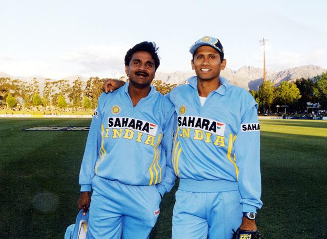 One of Venkatesh Prasad's most memorable moments in his career came during the 1996 World Cup, when after being hit for a boundary and openly sledged by Pakistan batsman Aamir Sohail, Prasad clean bowled Sohail on the very next ball (which many consider the turning point of the match). In pic: With former pacer Javagal Srinath