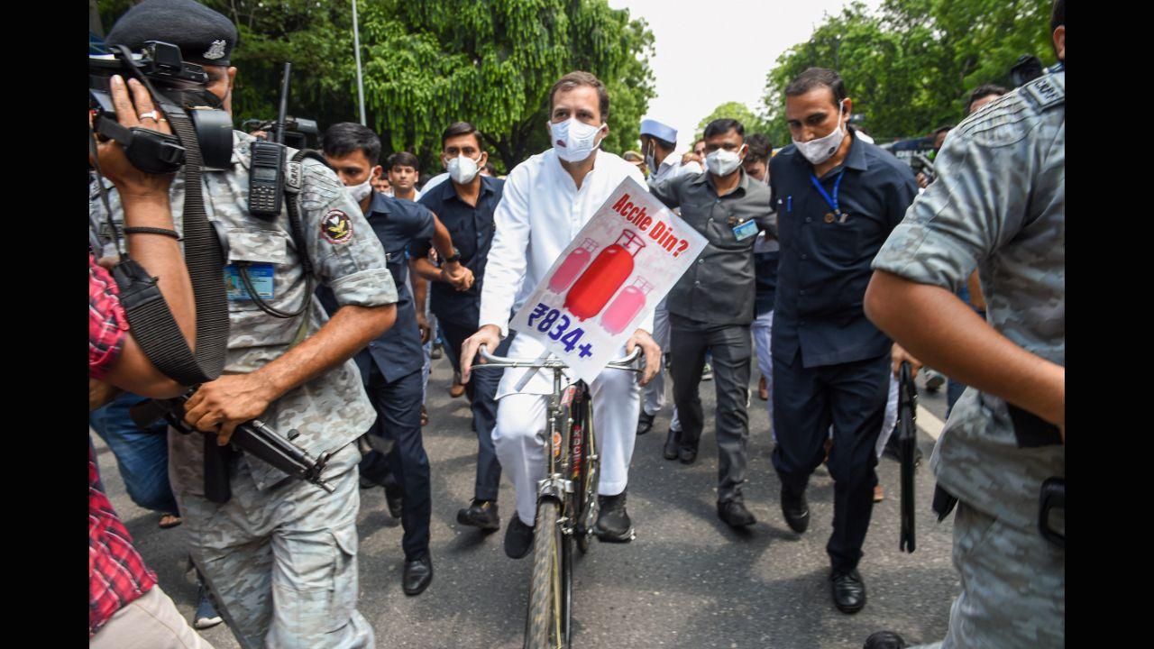 Rahul Gandhi rides bicycle to Parliament to protest against fuel hike